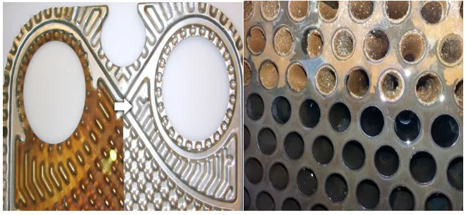Figure: Fouled and clean plate of a plate heat exchanger (left) and fouled and clean tubes of a shell and tube exchanger (right)